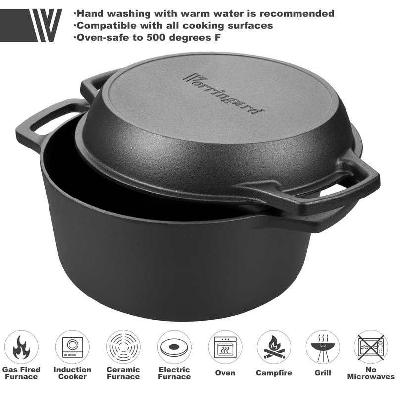 VORRINGARD Pre-seasoned Cast Iron Double Dutch Oven Pot with Skillet