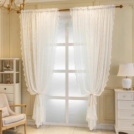 apott Lace Valances for Windows 2 Pack White Floral Sheer Curtains 78 Inch Drop Short Voile Panel for Kitchen Decorative Pearl Drapes for Bedroom Living Room