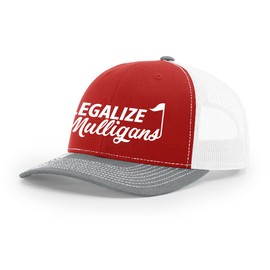 Trenz Shirt Company Funny Golf Legalize Mulligans Men's Embroidered Mesh Back Trucker Hat-Red/Heather Grey/White