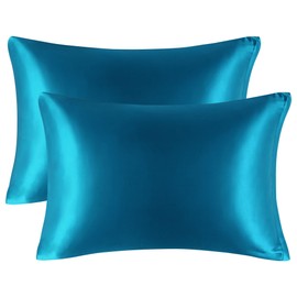 PiccoCasa Satin Pillow Cases 2 Pack, Satin Silk Pillowcase for Hair and Skin with Zipper Closure Soft Pillow Cases Cover Set Peacock Blue 50 x 65cm