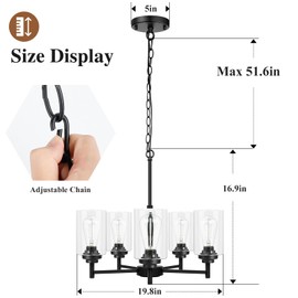 Sucolite 5-Light Chandelier for Dining Room Kitchen Island Modern Farmhouse Pendant Lighting with Clear Glass Shades Industrial Black Hanging Ceiling Light Fixture for Living Room, Height Adjustable