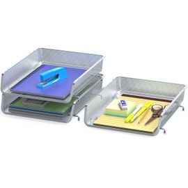 3 Pack - Stackable Desk File Document Letter Tray Organizer, Silver