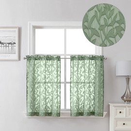Leia - Cortinas transparentes de color verde salvia, 2 piezas, cortinas cortas de 30 pulgadas, cortinas transpirables con textura jacquard para ventanas de cocina, cortinas de gasa con hojas de granja