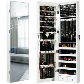 Costway Jewelry Cabinet Lockable Armoire Storage Wall Mounted Full Length Mirror w/Light