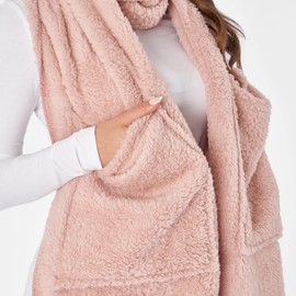 OHS Long Teddy Flannel Fleece Scarf with Pockets Womens Hand Neck Warmer Lightweight Shawl Super Soft Plush Wrap, Blush