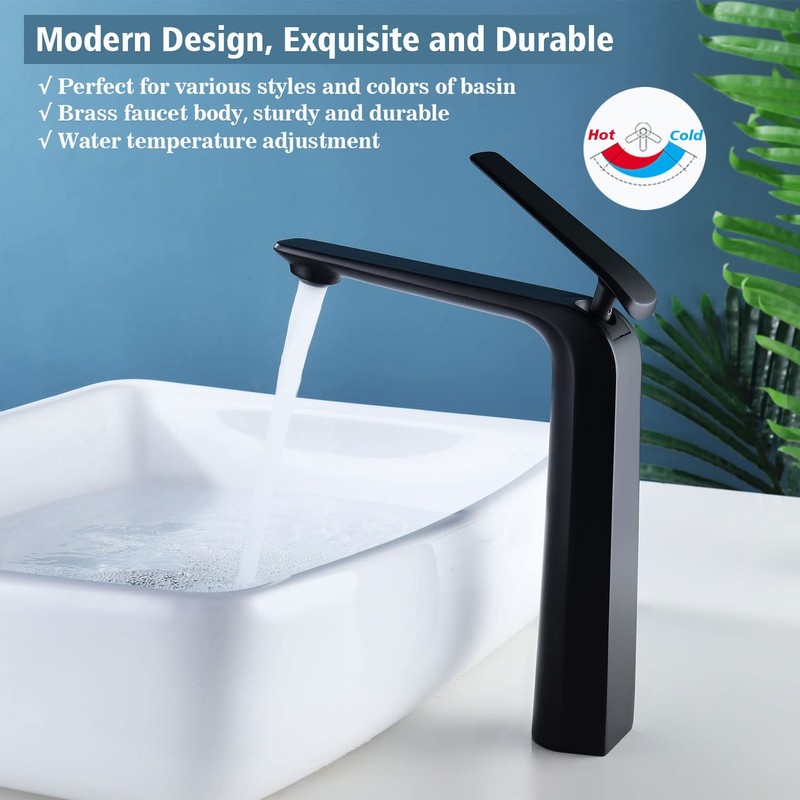 TOCALOCA Black Bathroom Faucet Tall Vessel Sink Faucet Matte Black