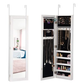 Giantex Jewelry Cabinet Armoire Door Wall Mounted, with Full Length Mirror and 5 Storage Shelves for Display Bracelets Rings Cosmetics Hanging Organizer, Mirrored Storage Jewelry Cabinets (White)