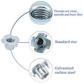 Pack of 60 Drive-In Nuts M4 x 8 mm Galvanised Carbon Steel with 4 Drive-In Tips, for Wood, Planks, Furniture, Craftsmen, Constructions, Climbing Wall, Screw Kits, DIY