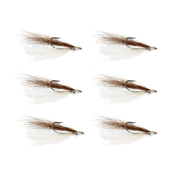 Wild Water Fly Fishing Brown and White Clouser Minnow 6 Pack Steamer for Smallmouth Bass & Trout, Size 8