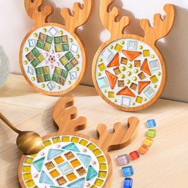 Mosaic Bamboo Coasters, Elk-Shaped DIY Base Trays, Blank Coaster for DIY Crafts (1 Large + 2 Small)