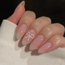 Medium Almond Press on Nails Ombre Fake Nails with Bow Designs Full Cover Nude False Nails Gel Acrylic Nails Almond Shaped Glue on Nails Summer Cute Stick on Nails for Women 24Pcs
