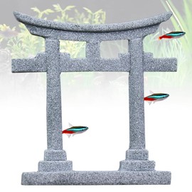 livelyfish Japanese Shinto Torii Gate Fish Tank Decorations Asian Aquarium Statue Decor Japan Shrine Oriental Pagoda Bridge Sandstone Ornament Betta Fish Decorations for Tanks, Grey, S