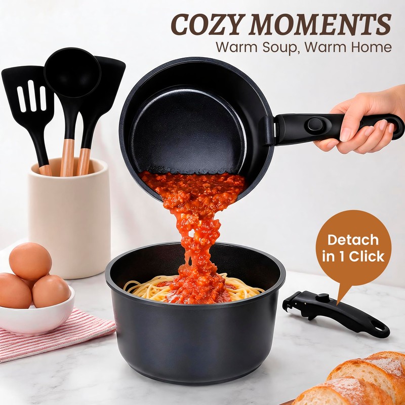 20-Piece Ceramic Nonstick Cookware Set | Detachable Handle, Stackable for