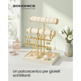 SONGMICS Porta Bracciali, Espositore per Gioielli, Portagioie con 2 Supporti per Braccialetti, Porta Orecchini, Vassoio in Velluto, Porta Anelli Rimovibile, Bianco Crema e Oro Pallido JJS046W101