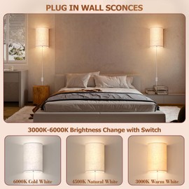 OCATO Plug in Wall Sconces Set of Two: Wall Light Wall Lamp with On/Off Switch 3000K 4500K 6000K Selectable Fixtures Fabric Linen Shade Wall Decor Wall Lights for Bedroom Living Room Hallway Indoor