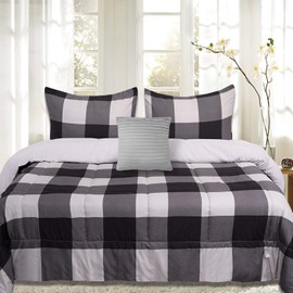 7 Piece Comforter Set Bag Solid Color All Season Soft Down Alternative Blanket & Luxurious Microfiber Bed Sheets, King, Buffalo Plaid Black/Gray/Black Sheet