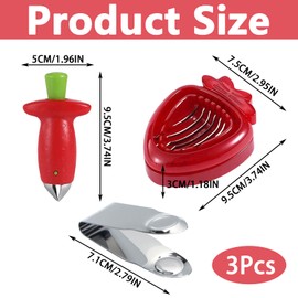 3 Pcs Strawberry Huller Tool, Strawberry Cutter,Stainless Steel Core Pit Remover for Cutting Strawberry Petiole and Slicing for Baking and Jam Making Kitchen Gadgets (Red)