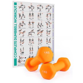 Bestfor Pair of 1kg Hex Anti Roll Non Slip Neoprene Dumbbell Weights For Exercise, Fitness, Workouts, Lifting with Exercise Chart