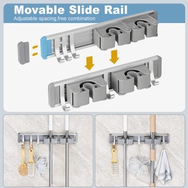 GRKJGytech Mop Broom Holder, Mop Holder Wall Mounted 2 Racks with 6 removable hooks, Mop and Broom Holder Drilling