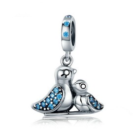 PAHALA 925 Sterling Silver Cute Bird with Blue Crystals Charm Bead Fit Bracelets