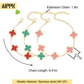AIPPK 18K Gold Plated Clover Bracelet Set for Women Fashion Simple Four Leaf Lucky Flower Bracelets Jewelry Gifts for Women 3Pcs (Red+Green+Pink)