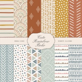 Honoson 30 Sheets Scrapbook Paper Supplies Junk Journal 12x12 Scrapbooking Supplies Boho Floral, Decoupage Paper Scrap Book Decorative First Day of Art School Back to School Craft 160 GSM(Boho)