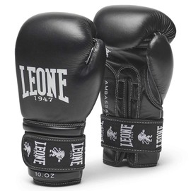 LEONE 1947 GN207 Boxing Kickboxing Gloves, Unisex, Buffalo Leather, PU Pad, Velcro Closure, 10 oz / Black