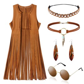 IWTBNOA Hippie Costume Women's Set, 60s 70s Outfit, Fringe Vest Women's Hippie, Hippie Clothing Women with Accessories, Fringe Sleeveless Women, Fancy Dress Costumes Women for Carnival Cosplay Theme