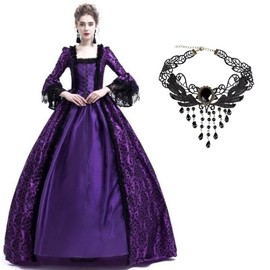 Velcoxplay Women's Long Sleeve Medieval Renaissance Dress, Victorian Queen Costume, Rococo Puff Sleeves, Maxi Dress, Gothic Lolita Party, Swinging Evening Dress, Purple, XL