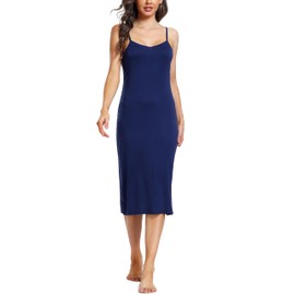Sopesil Women's Full Slips Soft Long Nightdress Slip Under Dress Adjustable Spaghetti Straps for Ladies V Neck Negligee A-Navy BlueL