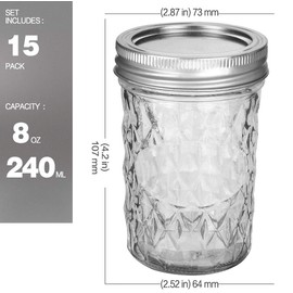 VERONES Mason Jars 8 OZ, 8 OZ Canning Jars Jelly Jars With Regular Lids, Ideal for Jam, Honey, Wedding Favors, Shower Favors, 15 PACK