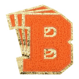 MECCANIXITY 3Pcs Chenille Letters Patches Large Size 3.15"x2.56" Iron-on Letters B Golden Glitter Embroidered Patches for Clothing Shoes, Hats, Backpacks (Orange)