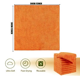 HIDMD Microfiber Cleaning Cloth, All-Purpose Microfiber Towels, Cleaning Rags Dish Cloths Super Absorbent Fast Drying Cleaning Cloths 30cm x 30cm 10Pack Orange