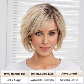 Topart Hand-Tied Lace Front Wig for White Women Human Hair wigs 12 Inch Short Natural Layered Wavy Style (Ombre Light Blonde)