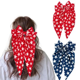 HAIMITI 4th of July Hair Clips, 2PCS Bow Independence Day Hair Accessories for Women Girls, Red Blue Stars Long Tail Big Bowknot Hair Barrettes Nonslip Alligator Hairpins Patriotic Party Decor