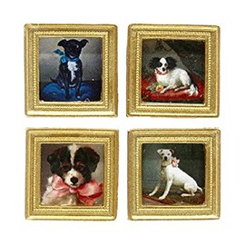 Dollhouse 4 19th Century Dog Picture Painting Gold Frame Miniature Accessories