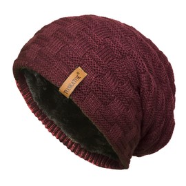 TOSKATOK® Mens Unisex Warm Winter Textured Knit Thermal Insulation Slouch Beanie hat with Cosy Faux Fur Teddy Fleece Liner-Burg Burgundy