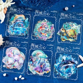 NICENEEDED Pack of 6 PET Scrapbook Stickers Sea Animal Stickers for Water Bottle Marine Life Sticker Set Waterproof