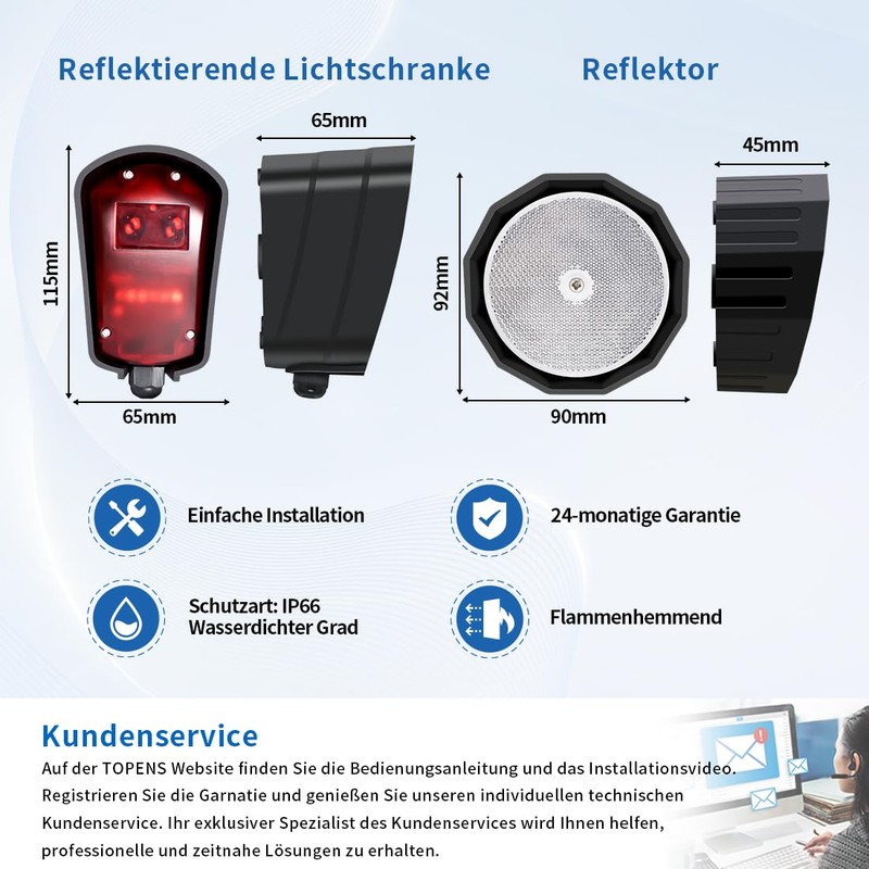 TOPENS TRF3 Reflective Light Barrier, Infrared Sensor System, Driveway Sensor,
