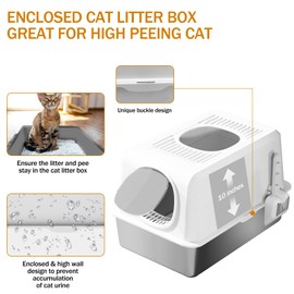 Upgrade Side & Top Opening Stainless Steel Litter Box, Enclosed Litter Box with Lid, XL Extra Large Metal Litter Box for Big Cats, High Wall Sides Covered Litter Box with Scoop and Mat, Odorless