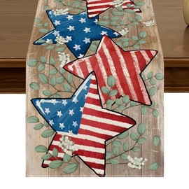 Patriotic 4th of July Stars Eucalyptus Table Runner 13x72 Inch Memorial Day Independence Day Kitchen Dining Table Decor for Indoor Outdoor Farmhouse Home Party Decoration ZQ121
