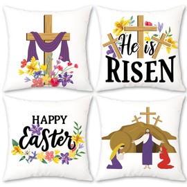 JOJOGOGO He is Risen Easter Decor Throw Pillow Covers 18x18 Set of 4, Religious Easter Decorations Pillow Covers 18 x 18, Christian Home Decor Gifts Purple Throw Pillows for Couch and Bed