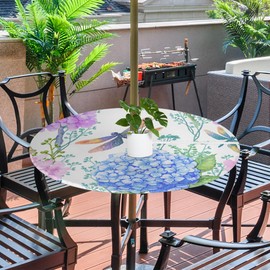 GzLeyigou Fitted Round Tablecloth with Umbrella Hole and Zipper Flowers Hydrangeas Outdoor Elastic Table Cloth 45"-56" Oil-Proof Waterproof Dragonflies Patio Table Cover for Picnic Party