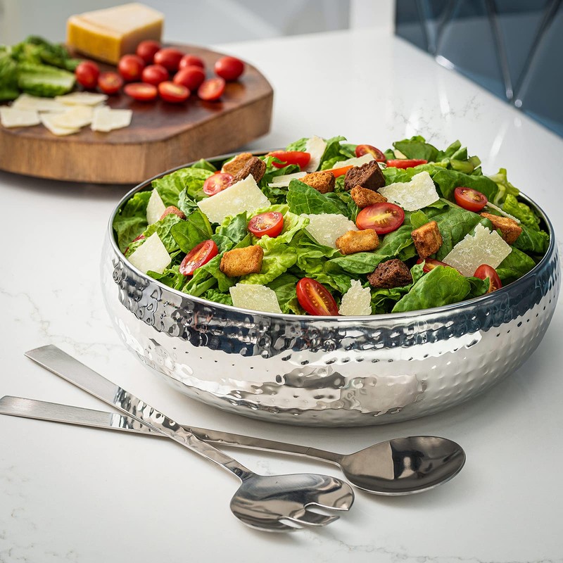Colleta Home Salad Bowl and Serving Utensils - Hammered Detailing