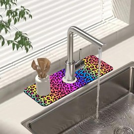 Sink Faucet Absorbing Mat Rainbow Colored Leopard Print Sink Splash Guard Drying Mat for Kitchen Bathroom Faucet Sinkmat 15.5"X5.5"
