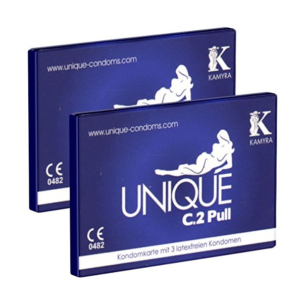KAMYRA Unique C.2 PULL Condom Card, blau - latexfreie Kondome, mit Abziehbändchen für schnelles Abrollen - auch mit ölhaltigen Gleitmitteln verwendbar - DOPPELPACK - 2 x 3 Stück