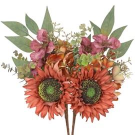 Fall Floral Stems, 2 Bundles Orange Sunflowers Artificial Flowers 13.7 inch Silk Fake Fall Flowers Bouquet Faux Floral Stems Sunflower Centerpieces for Tables Wedding Thanksgiving Autumn Decor