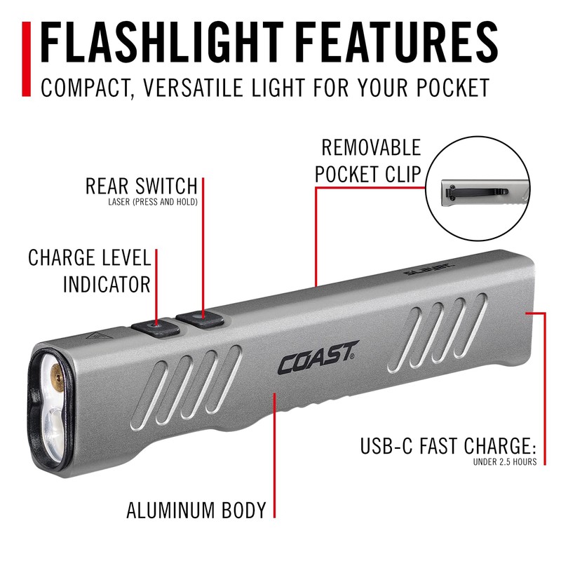 Coast Slayer Laser 1000 Lumen USB-C Rechargeable LED Flashlight with