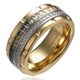 100S JEWELRY 10mm Gold Tungsten Rings For Men Rainbow & Clear CZ Cubic Zirconia moissanite Wedding Promise Band Size 6-16 (Tungsten, 10.5)