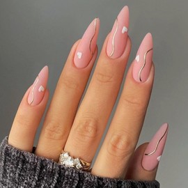 MISUD Valentine's Day Press on Nails Long Stiletto Fake Nails Matte Glue on Nails Pink Acrylic Nails Almond Artificial Nails Heart Stick on False Nails with Design 24pcs